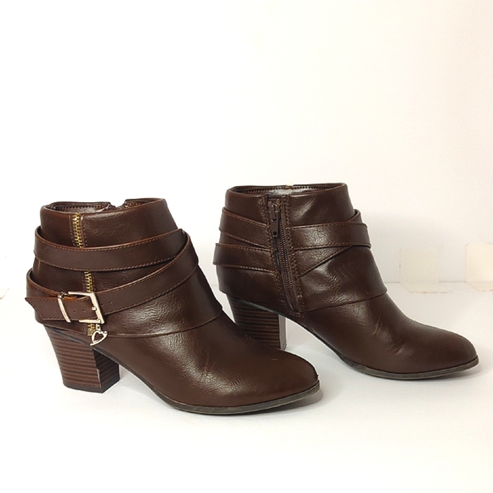 Thalia Sodi Brown Tully Ankle Boots with Strappy Buckle Detail - Women's Size 7